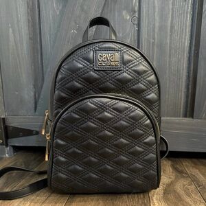 Cavalli Class Black Quilted Backpack with Gold Accents